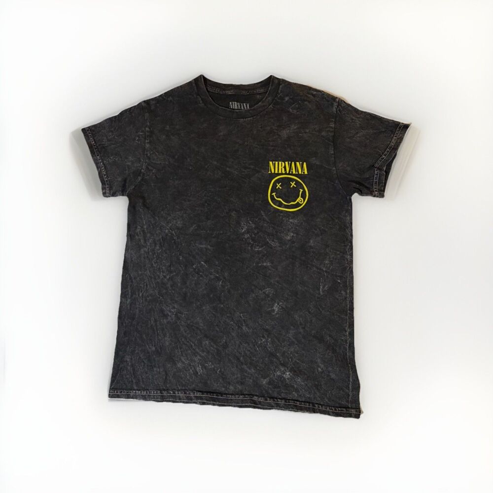 Nirvana Smiley Face T Shirt Acid Wash Black Graphic Tee NWOT Men’s Small